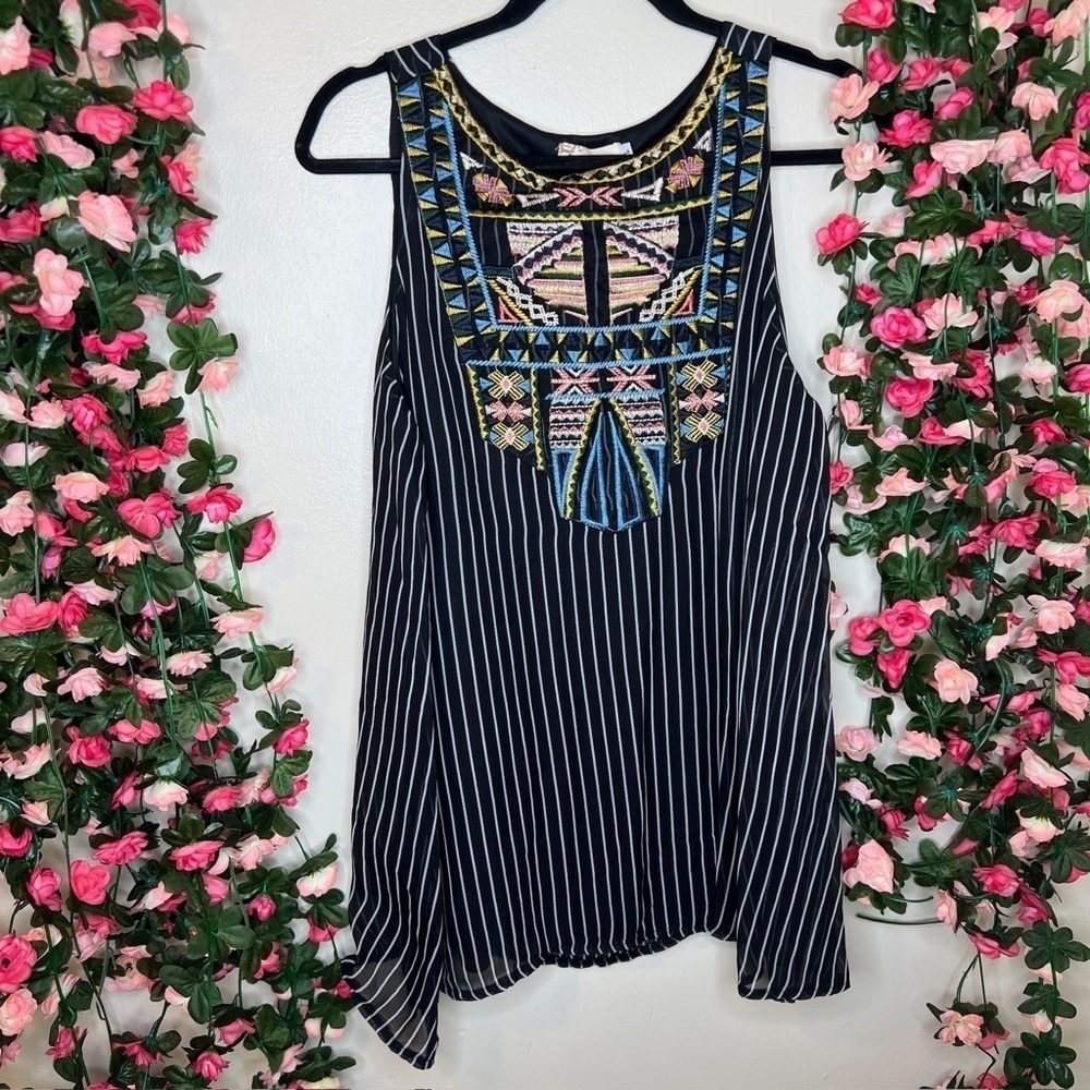 NWT Southern Stitch Black White Bohemian Spaghetti Strap Blouse Boho Western L